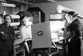 Roman Kroitor, Bill Shaw, and Robert Kerr testing the first IMAX projector at McMaster University