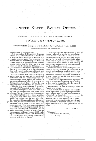 1884 patent obtained for peanut butter candy by Marcellus Gilmore Edson, a Montreal-based chemist and pharmacist